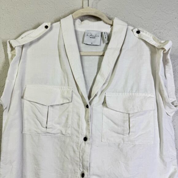 L'ACADEMIE Top Medium Safari Crop Revolve Button Front Shoulder Epaulettes Linen - Picture 6 of 14